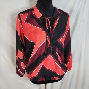NEW YORK & COMPANY Size Small Red & Black Pleated Surplice Blouson Blouse